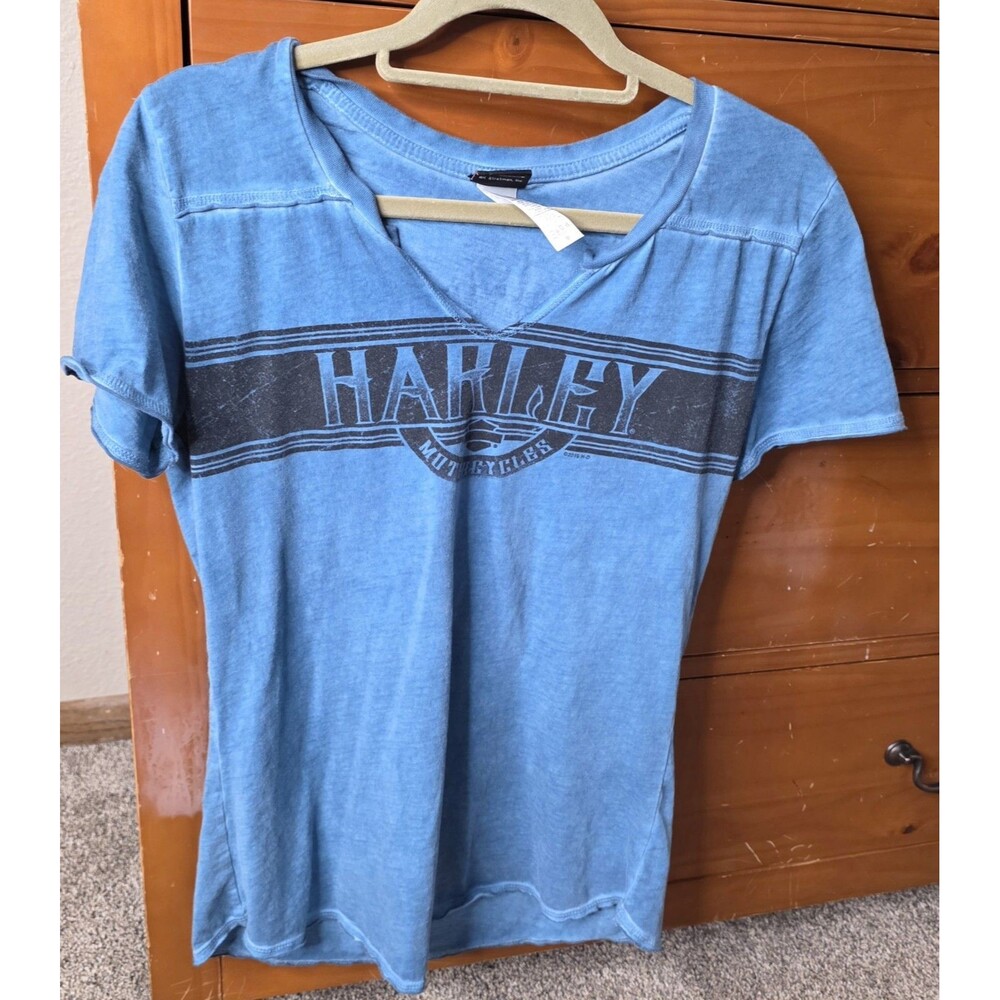 Harley Davidson Distressed Tee Size Medium Sturgis Blue Black V Neck Moto Biker